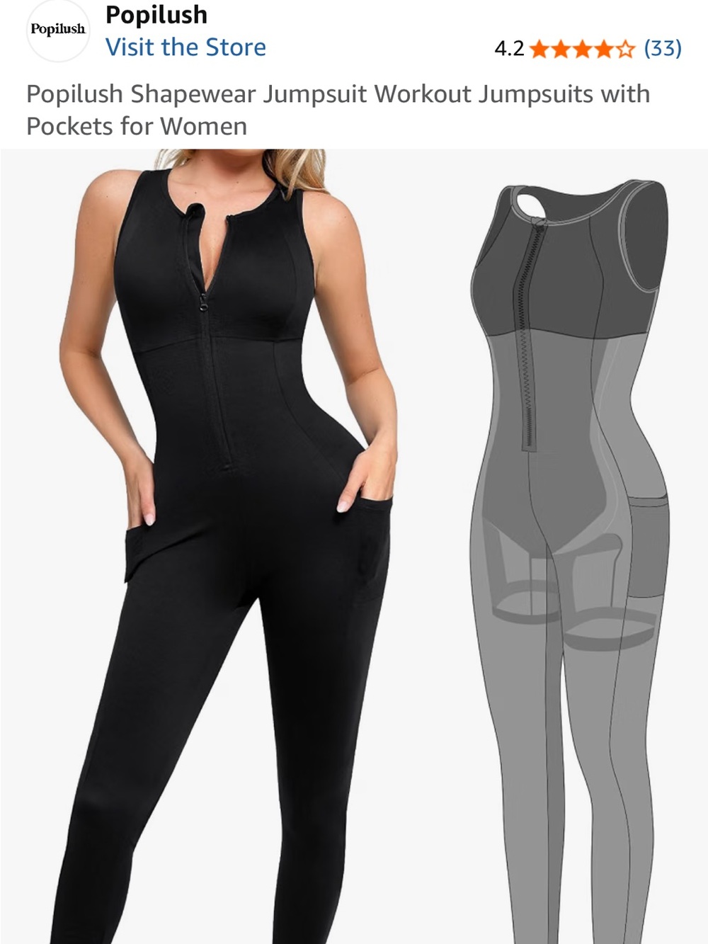 Popilush Women's Black Sculpting Jumpsuit with Pockets